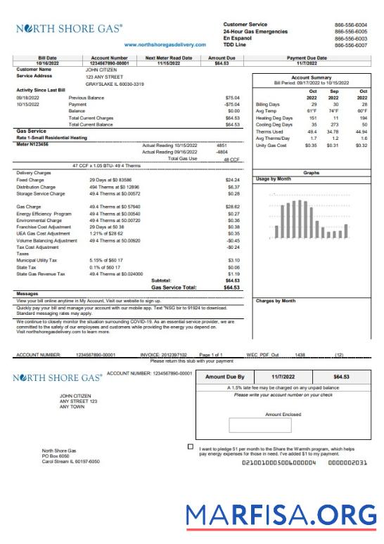Downloadable USA Illinois North Shore Gas utility bill template in Word and PDF format